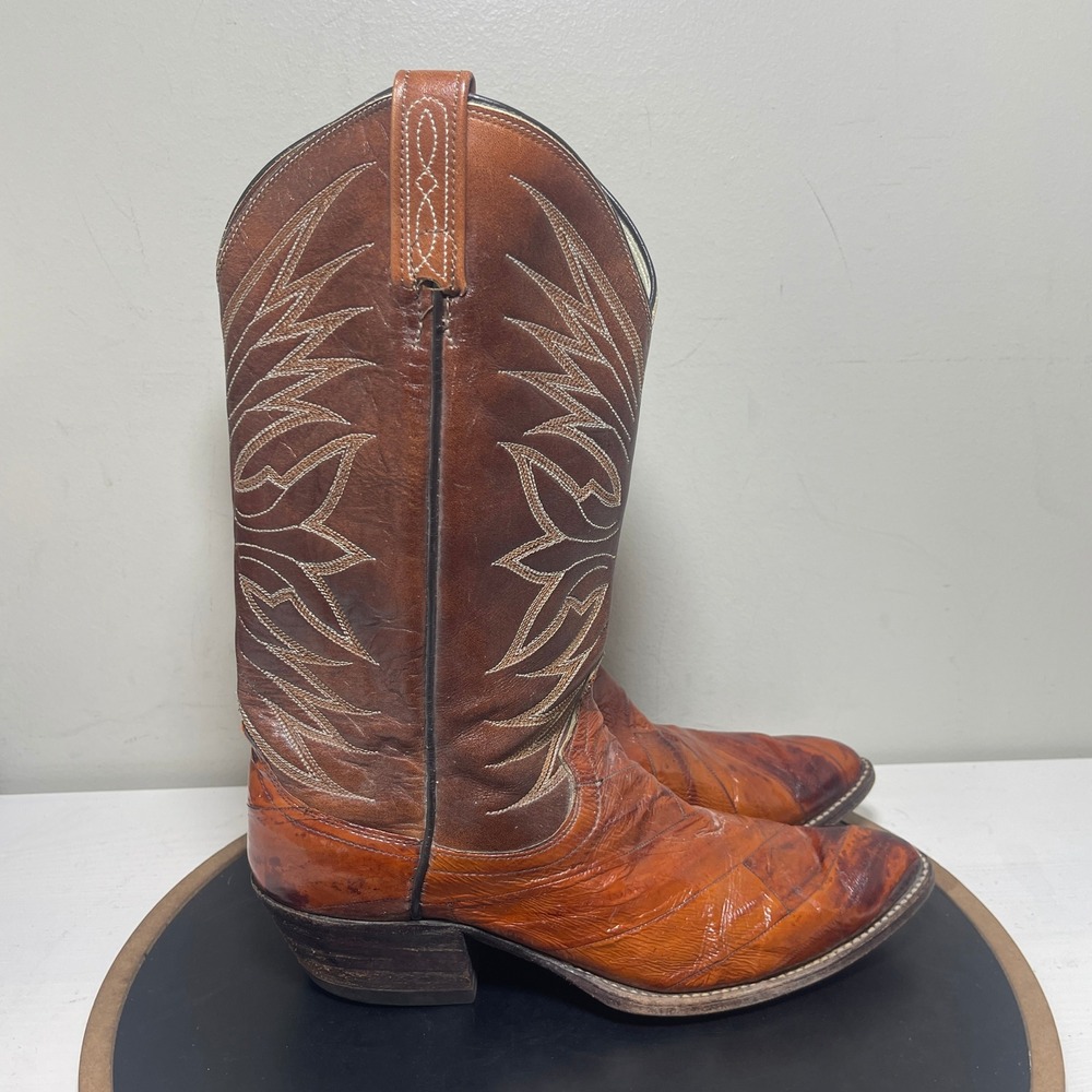 Dan Post Boots Men 9 D Brown Eel Skin Leather Western Cowboy Snip Toe Exotic